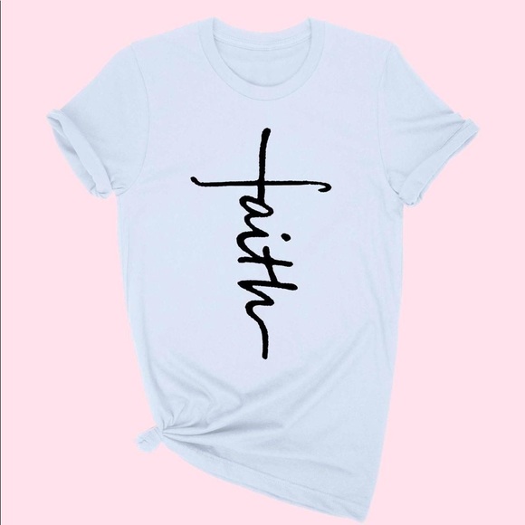 LIGHT BLUE “FAITH” TEE SHIRT ALL COTTON - Picture 4 of 6